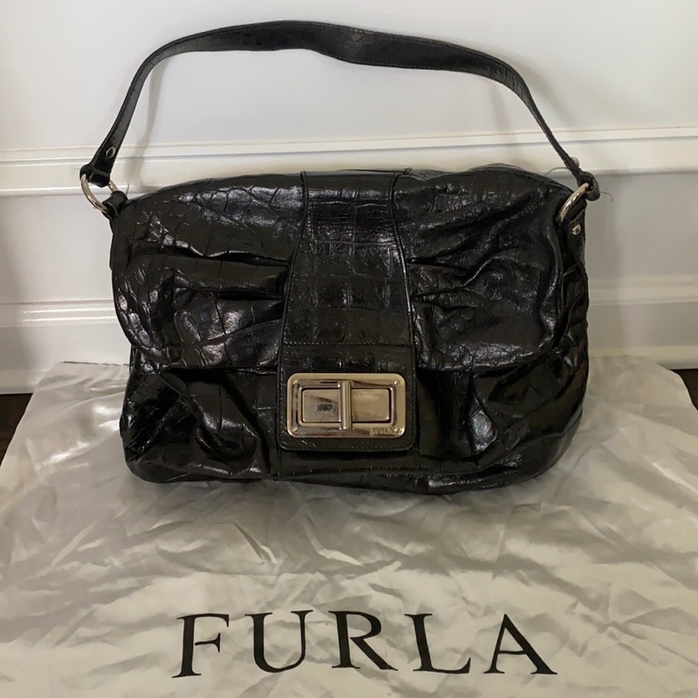 Stunning Black Crocodile Embossed Furla Handbag